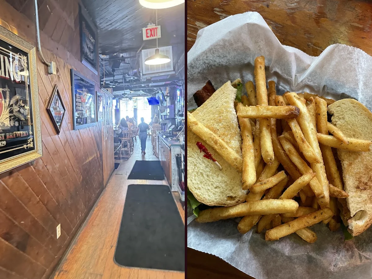 Casual restaurant seating beside a lively bar.