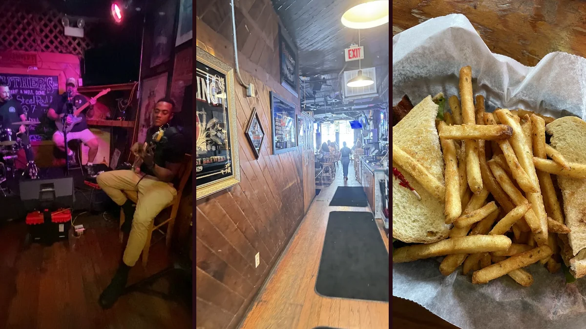 Casual restaurant seating beside a lively bar.
