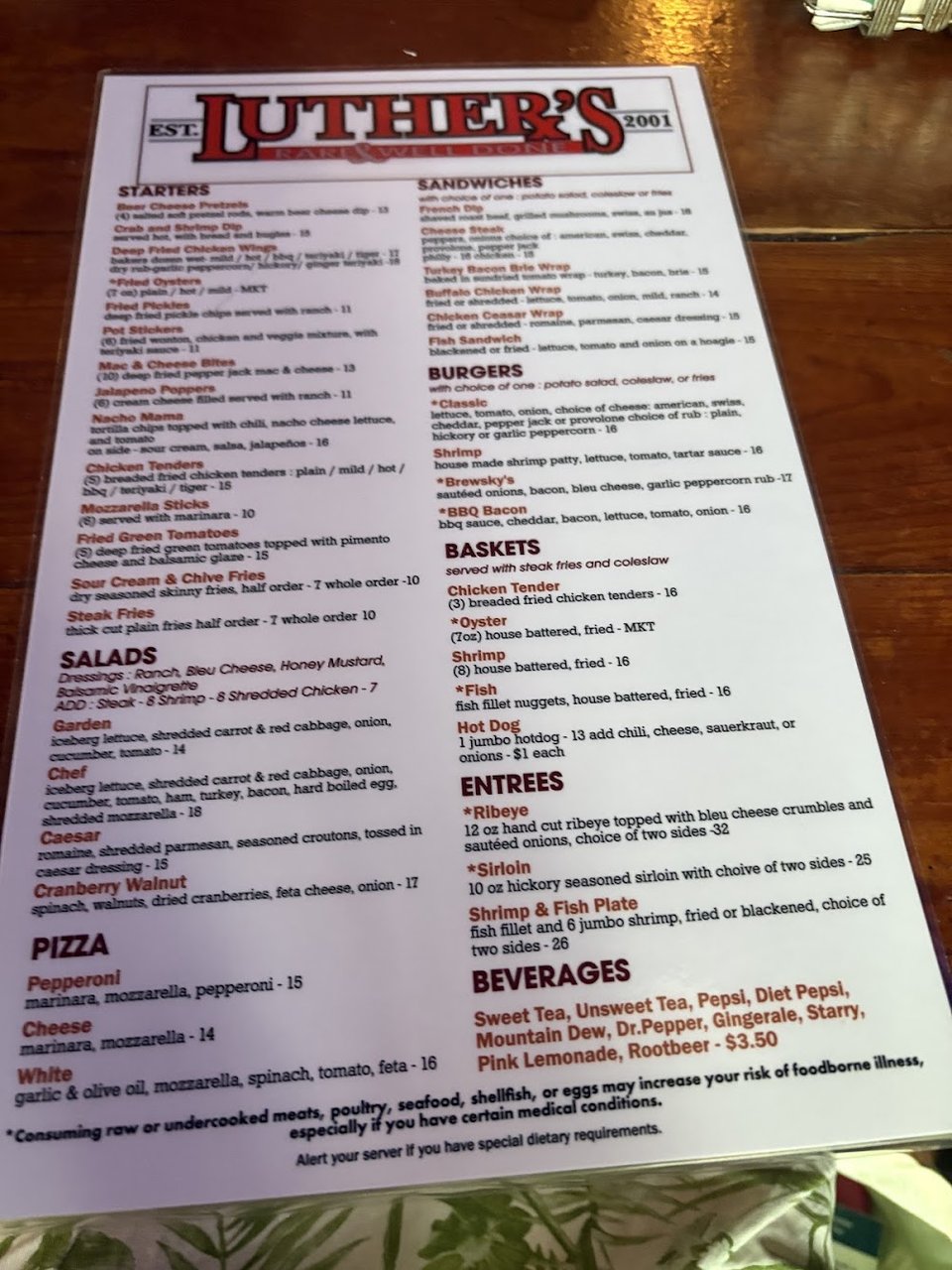 Printed menu with traditional bar fare.